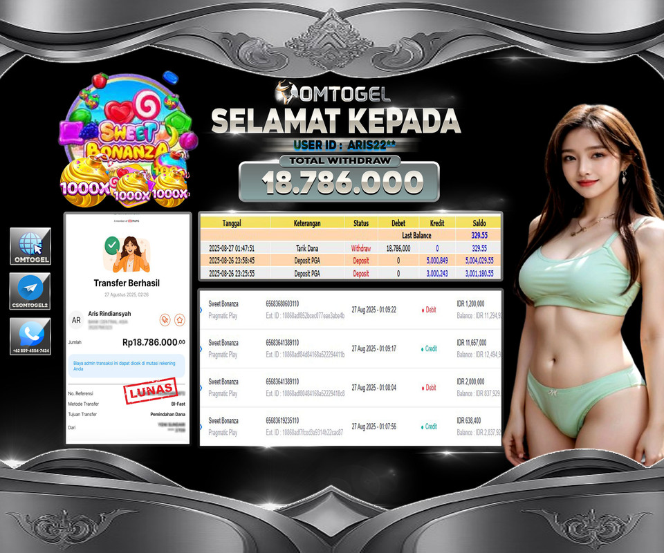 OMTOGEL JACKPOT PRAGMATIC PLAY SWEET BONANZA 18 JUTA DI BAYAR LUNAS ,-