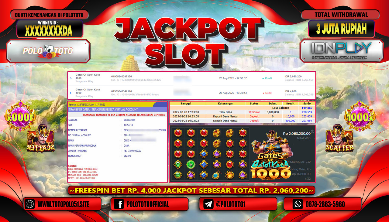 POLOTOTO JACKPOT SLOT GATES OF GATOT KACA Rp.3.000.000,- LUNAS