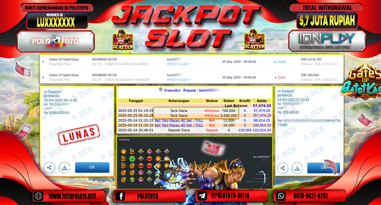 POLOTOTO JACKPOT SLOT GATES OF GATOT KACA Rp.5.700.000,-