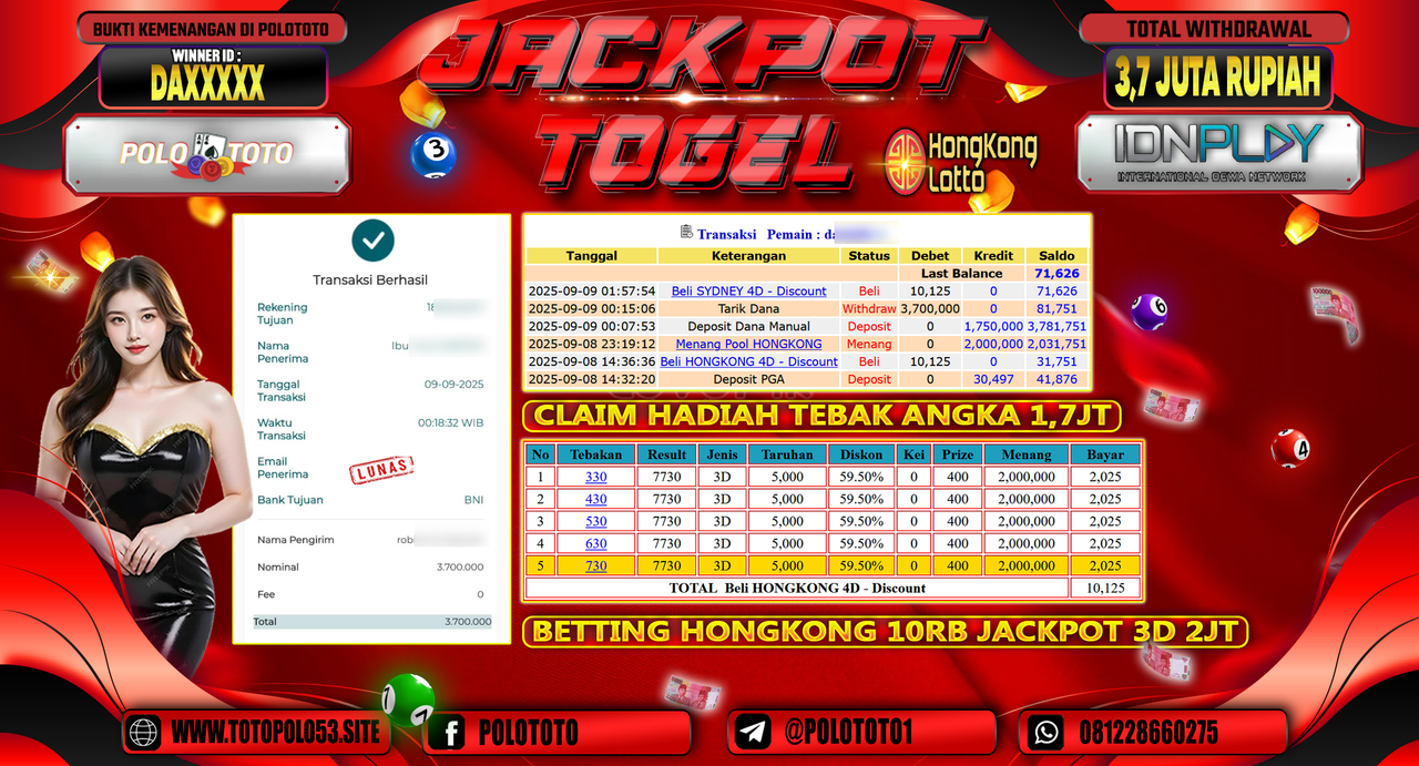 POLOTOTO JACKPOT TOGEL HONGKONG LOTTO Rp.3.700.000,-