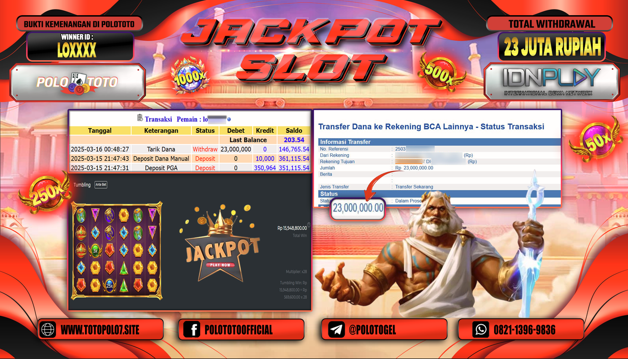 POLOTOTO JACKPOT SLOT GATES OF OLYMPUS 1000 Rp.23.000.000,-