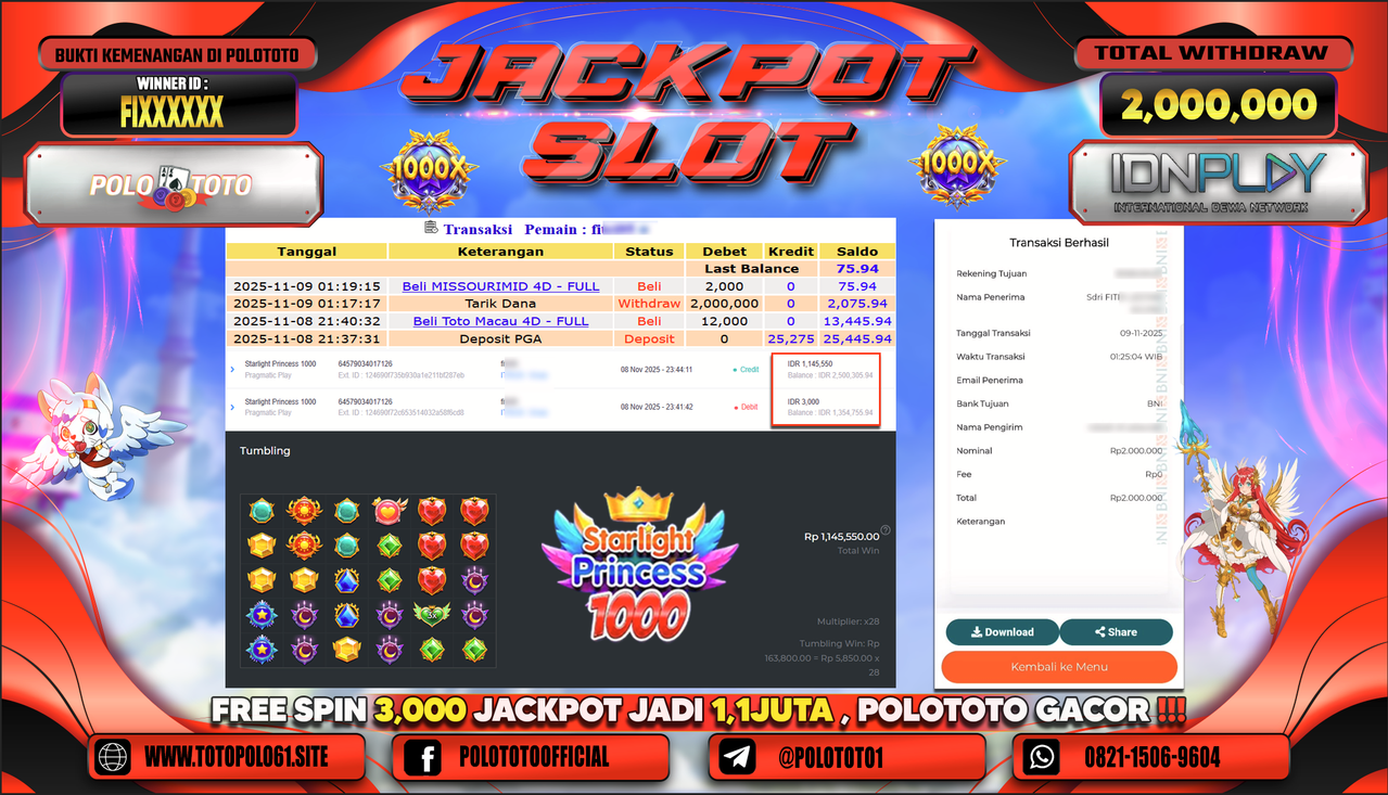 POLOTOTO JACKPOT SLOT STALIGHT PRINCESS 1000 Rp.2.000.000,- LUNAS