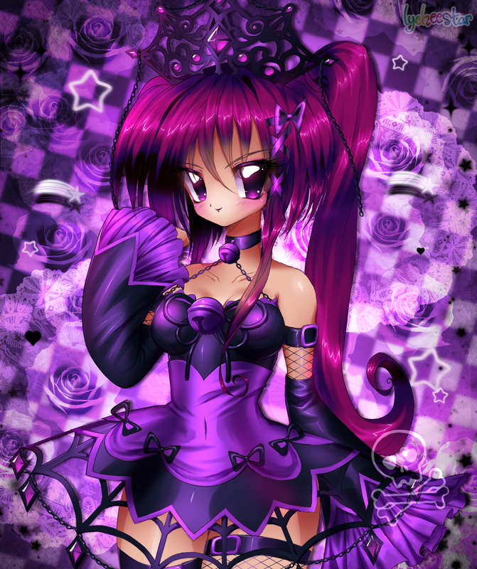 Half body drawing of Shadow Empress, the original Halloween set from the roblox game Royale High. Dark rich pink hair.