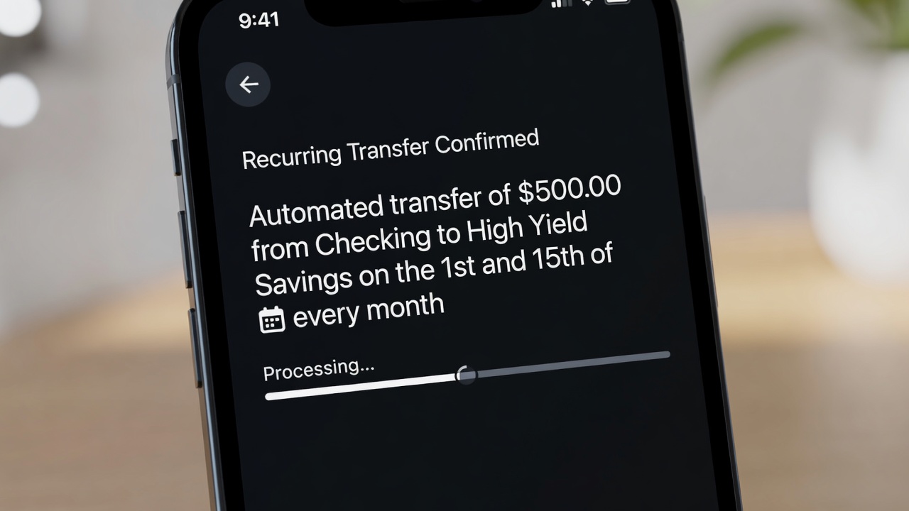 Smartphone notification confirming a recurring automated transfer to a high yield savings account
