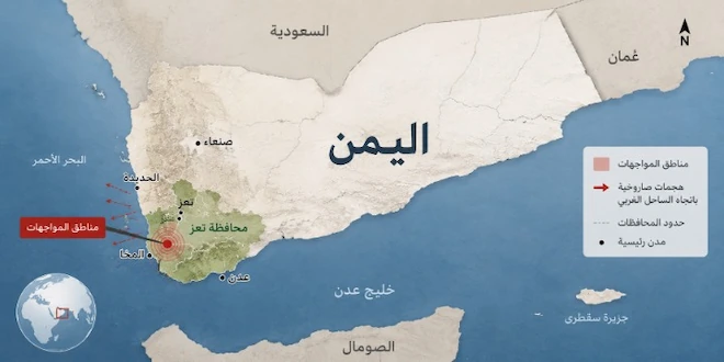 صورة توضيحية لخريطة اليمن توضح مناطق المواجهات في غرب تعز، مع أسهم حمراء تشير إلى الهجمات الصاروخية باتجاه الساحل الغربي والحديدة، مع الإشارة إلى مدن صنعاء وعدن والمكلا. (تم توليدها بالذكاء الإصطناعي)