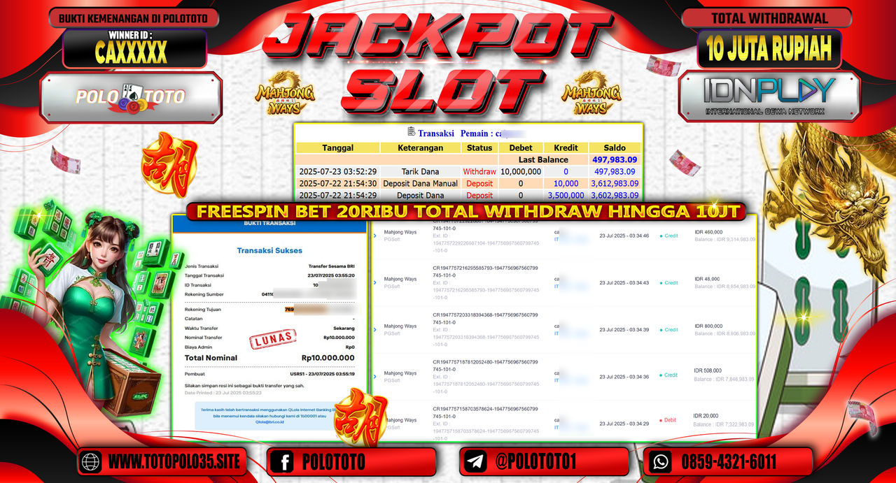 POLOTOTO JACKPOT SLOT MAHJONG WAYS Rp.10.000.000,- LUNAS