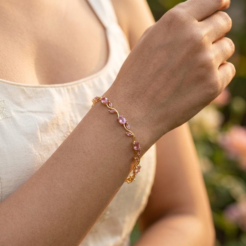 gold plated pink stone bracelet floral vine serene garden portrait 1