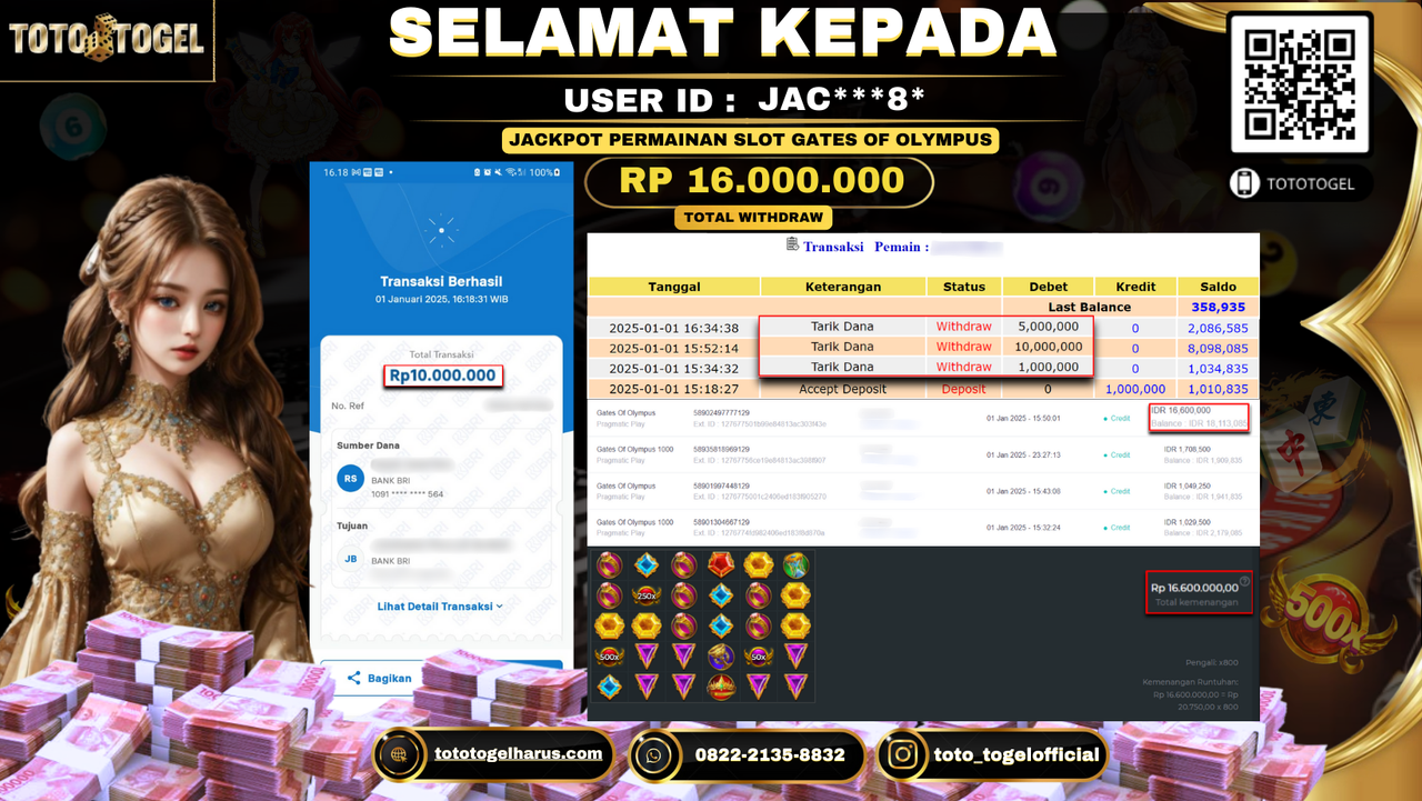 Bukti Pembayaran Jackpot  Permainan Slot Gates Of Olympus  : JAC***8* LUNAS
