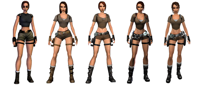 Tira de cinco diseños de Lara Croft para Tomb Raider: Legend. Una tira de cinco modelos del personaje de Lara Croft en su desarrollo temprano
