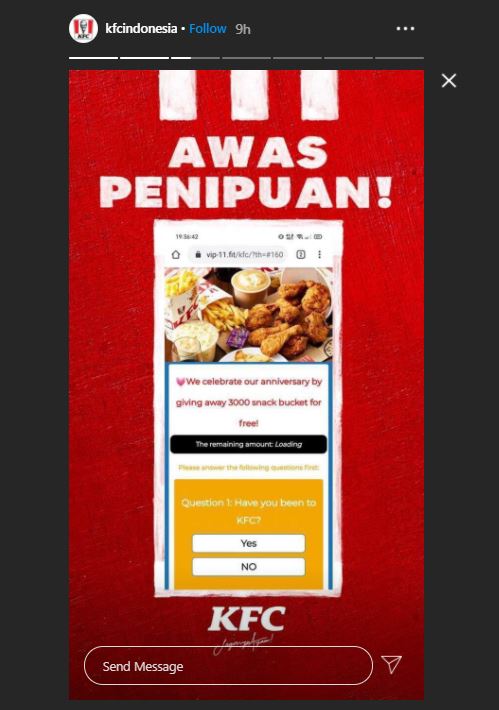Unggahan KFC di InstaStory, sebut link yangberedar di masyarakat adalah penipuan