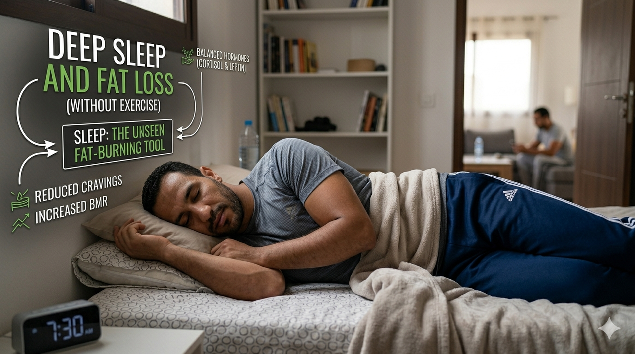 Infographic showing key non-exercise fat loss strategies: diet, NEAT, sleep, stress management, representing burn fat without gym
