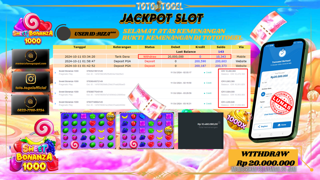 Bukti Kemenangan Permainan Slot Sweet Bonanza 1000 ID : RIZAL*** Terbayar Lunas!!