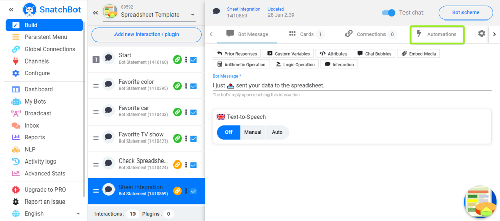 Integrate your chatbot with Google Sheets