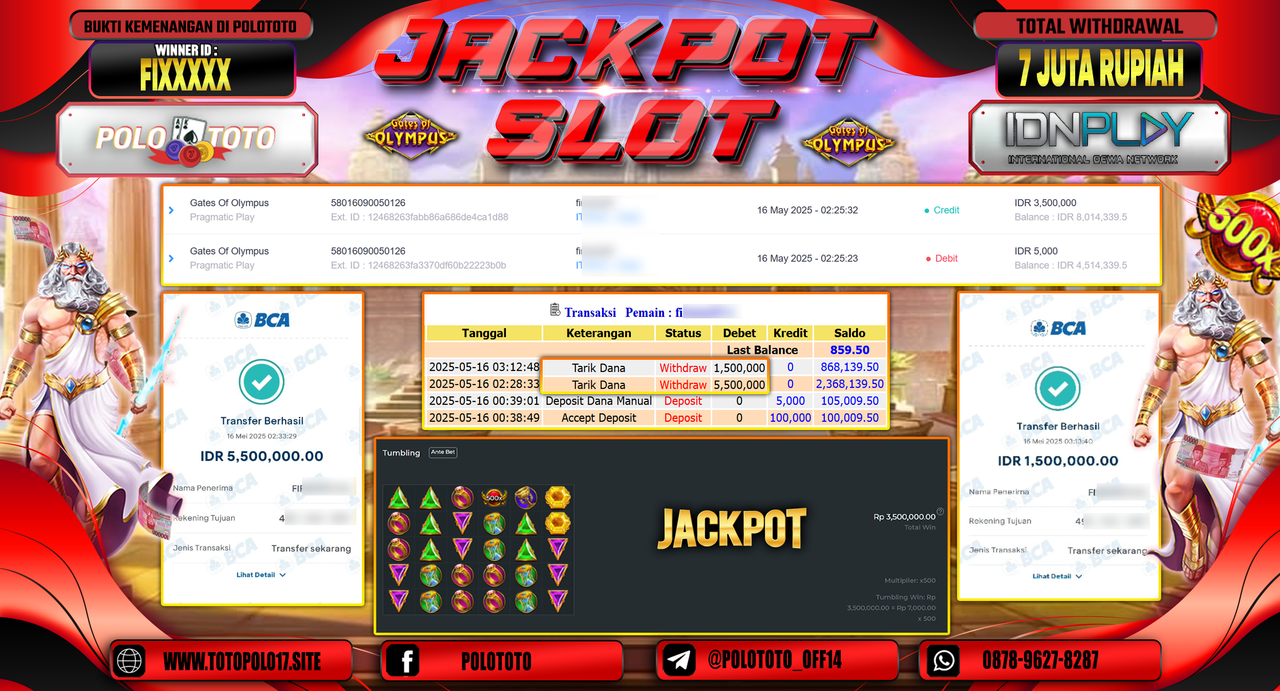 POLOTOTO JACKPOT SLOT GATES OF OLYMPUS Rp.7.000.000,-
