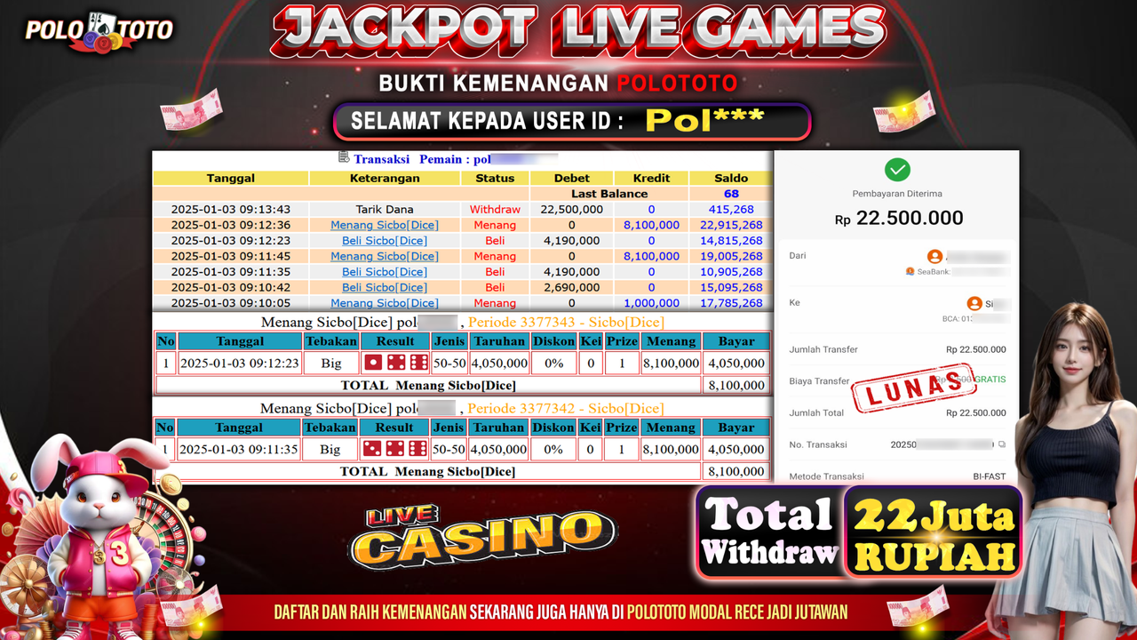 POLOTOTO JACKPOT LIVE GAMES SICBO DICE Rp.22,500.000,-