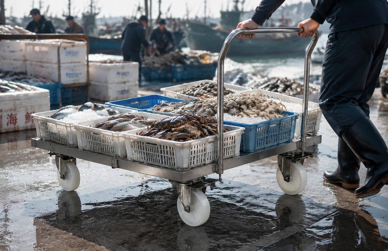 Stainless steel casters for seafood processing equipment