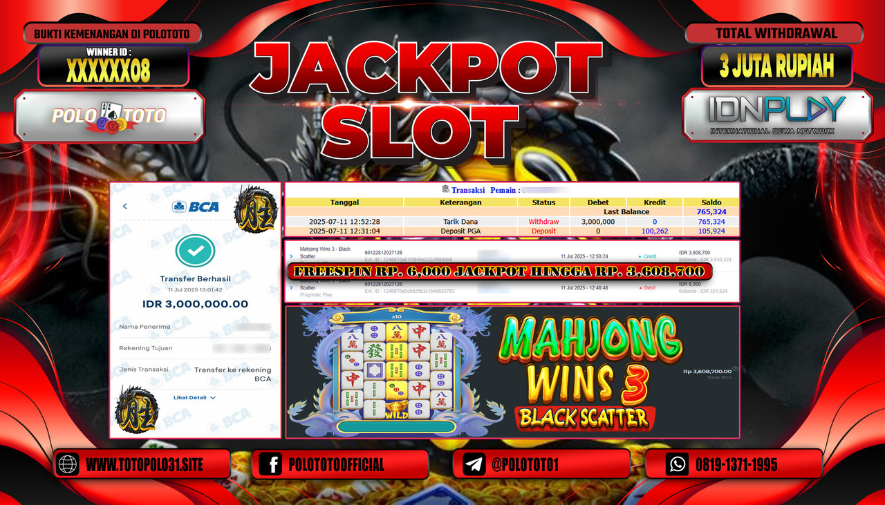 POLOTOTO JACKPOT SLOT MAHJONG WINS 3 - BLACK SCATTER Rp.3.000.000,- LUNAS