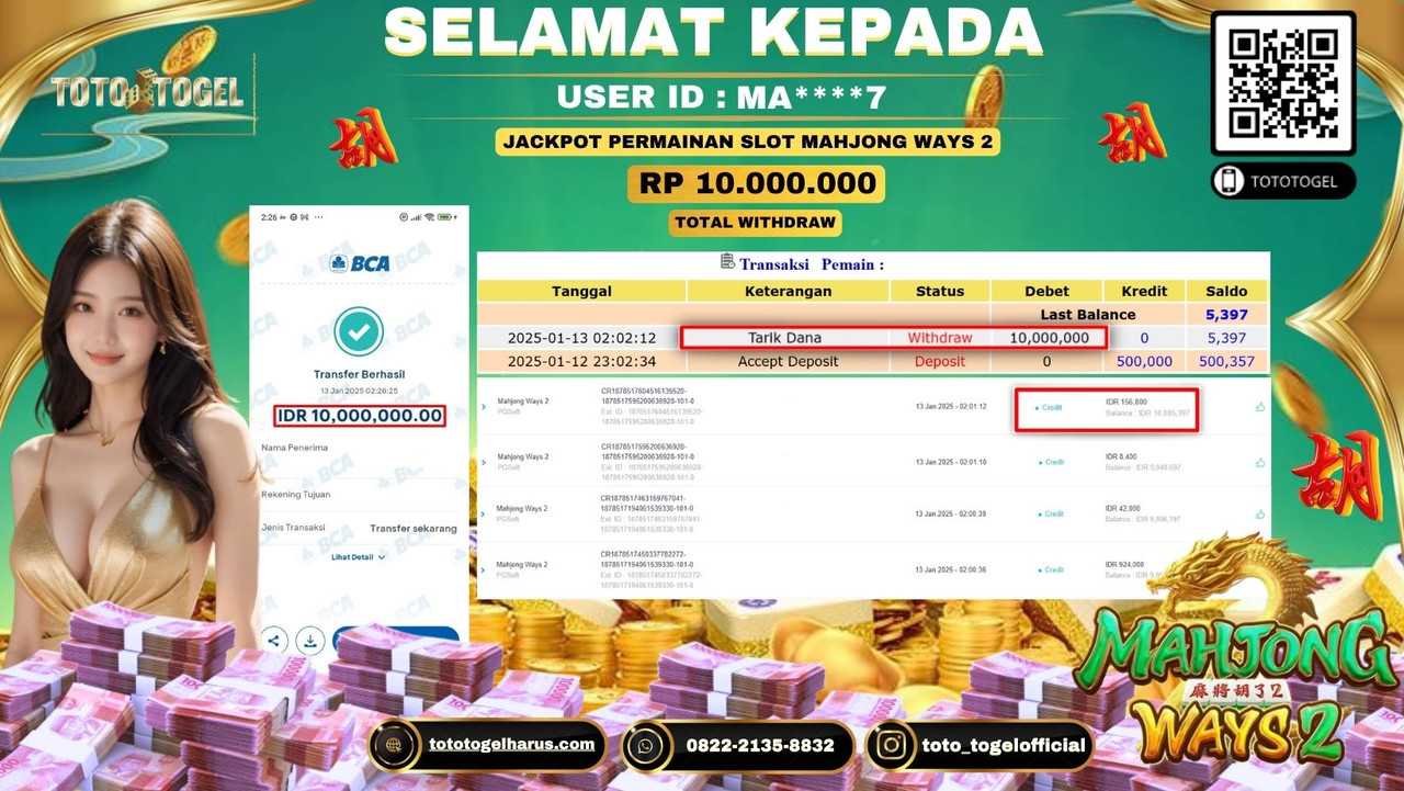 Bukti Pembayaran Jackpot  Permainan Slot Mahjong Ways 2  :MA****7  LUNAS