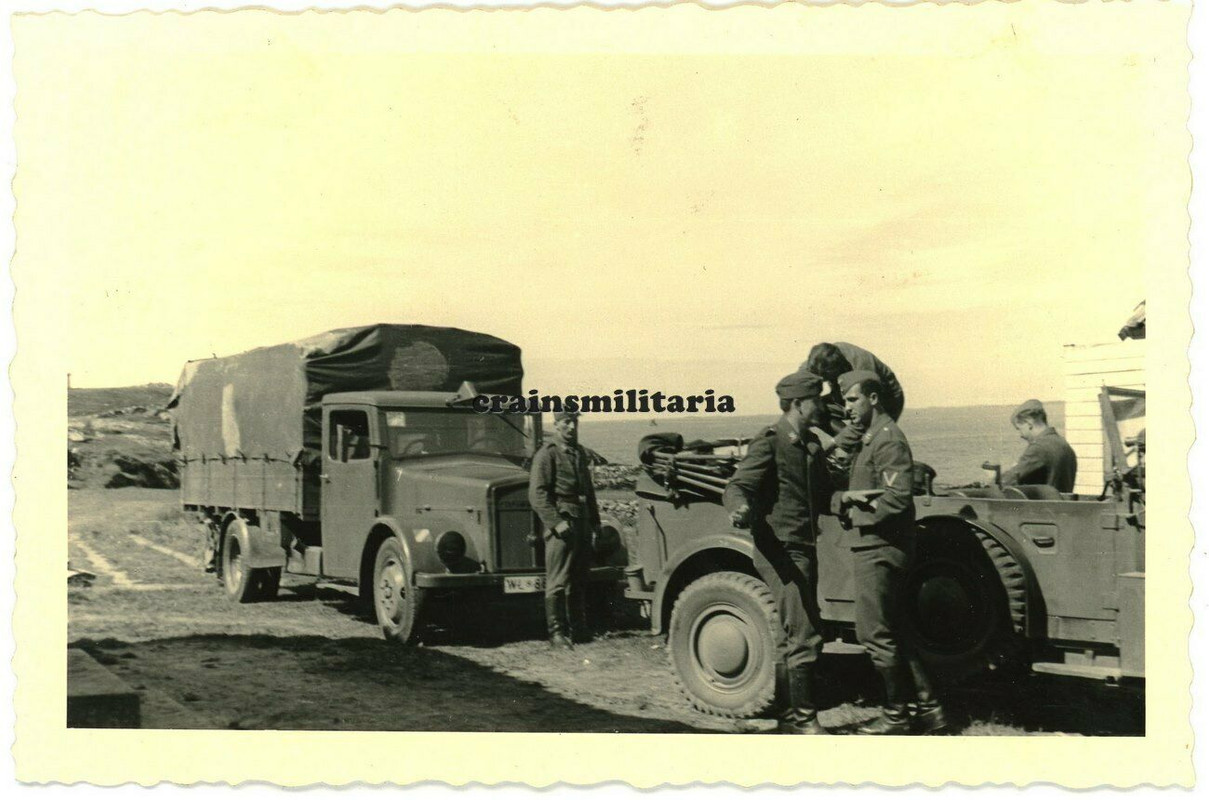 Orig. Foto Luftwaffe Kolonne Beute Lkw m. Wappen Kübelwagen Einheits-Pkw