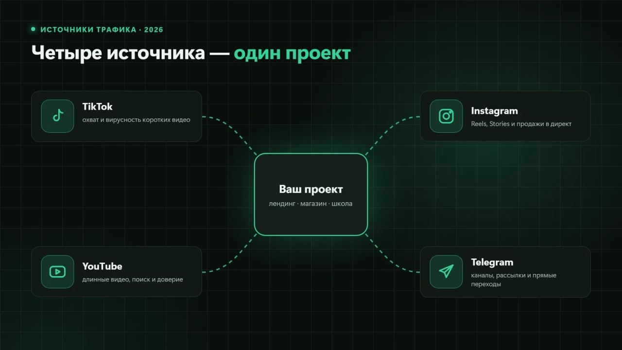 Схема источников трафика: TikTok, Instagram, YouTube и Telegram