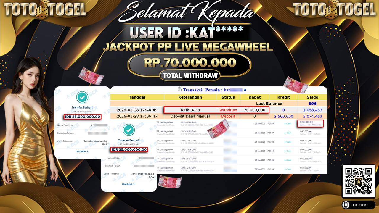 Bukti Pembayaran Jackpot Permainan Pragmatic Live PP Live Megawheel ID:KAT*****LUNAS