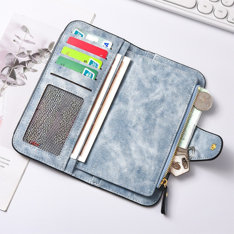 Blue Stylish Large-Capacity Women's Long Wallet – Vintage PU Leather Clutch with Zipper and Snap Closure