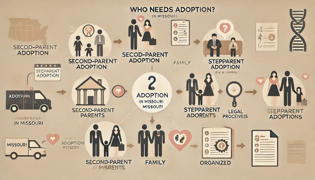 Infographic explaining stepparent and second-parent adoption processes in Missouri, showing the steps for non-genetic parents to gain legal recognition.
