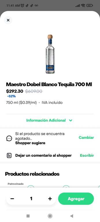 Tequila Maestro Dobel $293 Rappi-Chedraui GDL 
