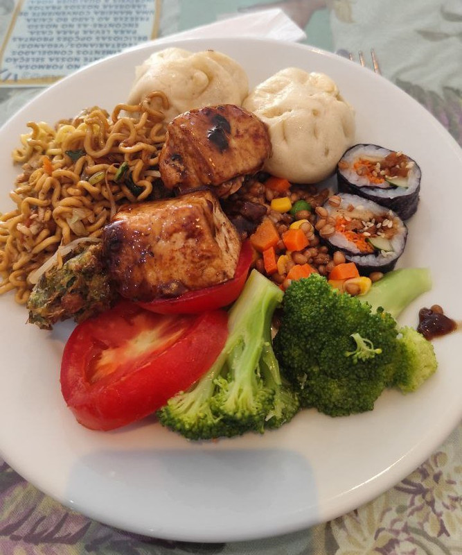 prato de comida vegana, com dois pedaços de tofu