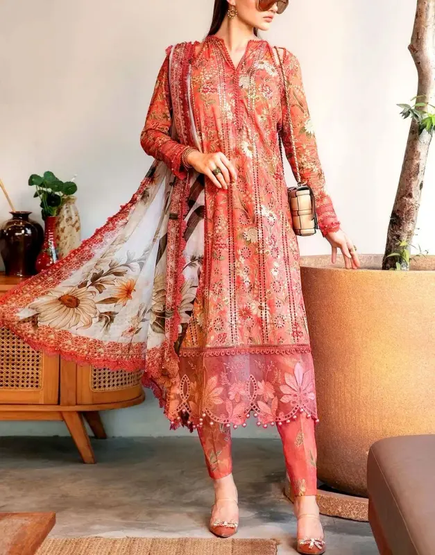 All-Over Print Schiffli Embroidered Lawn Dress with Chiffon Dupatta