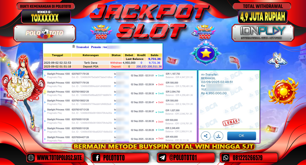 POLOTOTO JACKPOT SLOT STARLIGHT PRINCESS 1000 Rp.4.950.000,-