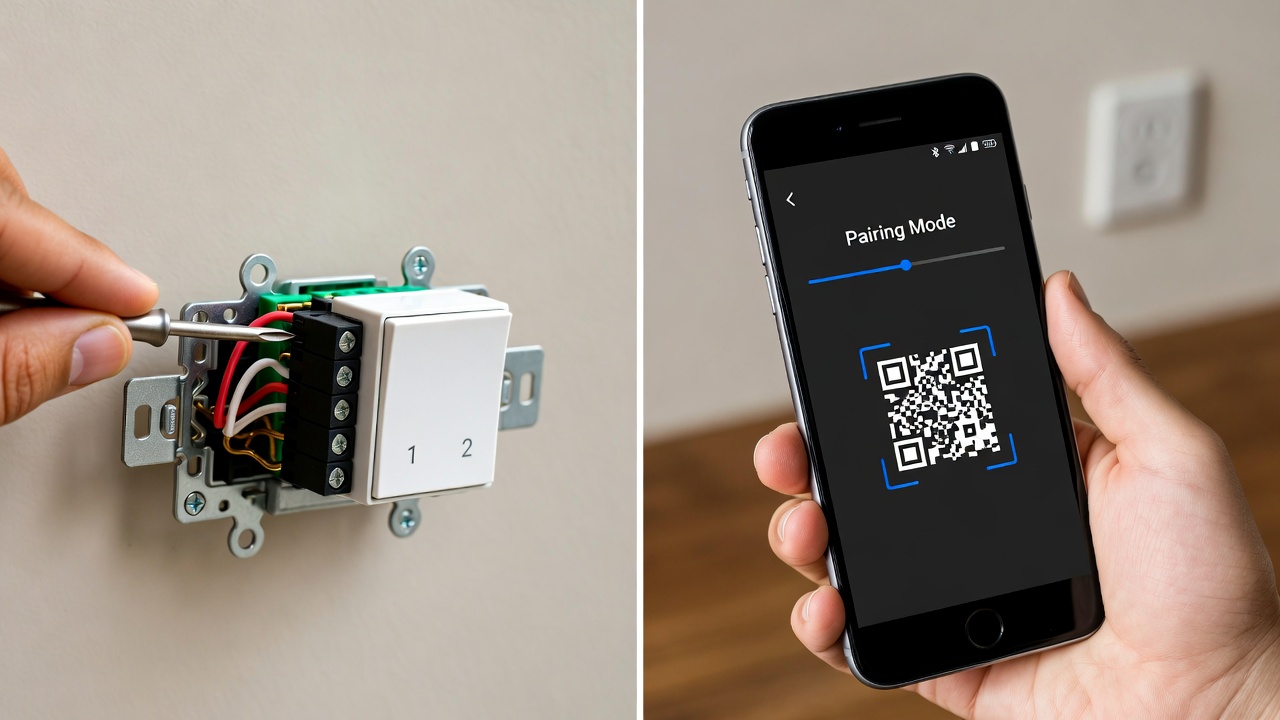 Smart wall switch being installed showing wire connections and a smartphone app pairing screen side by side