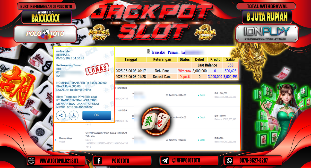 POLOTOTO JACKPOT SLOT MAHJONG WAYS  Rp.8.000.000,-