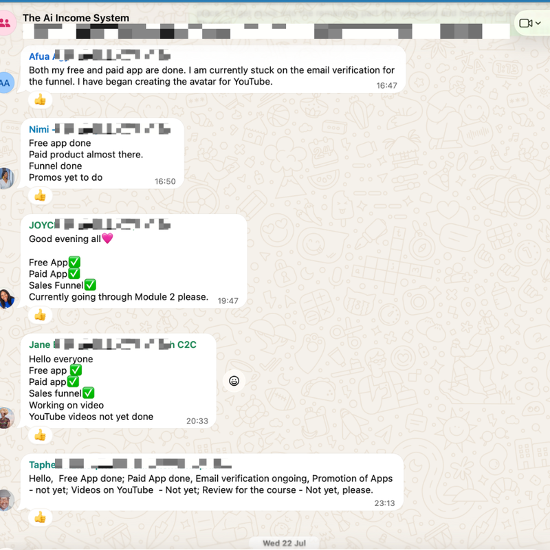 Multiple AI Income System students sharing that they built their AI apps