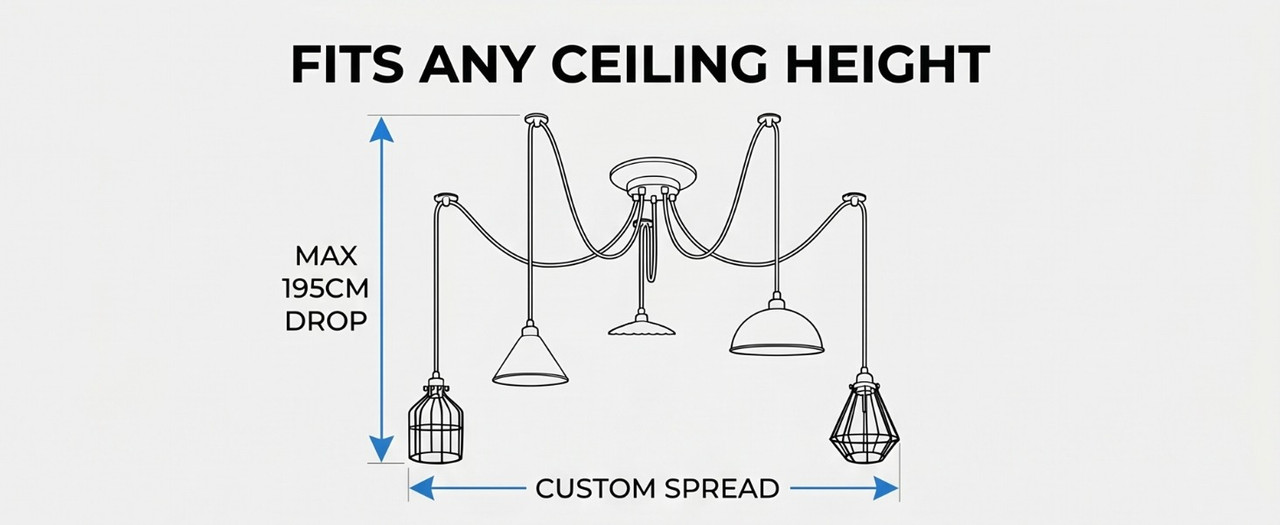 Height adjustment diagram showing maximum 195cm drop and custom horizontal spread for the spider pendant chandelier