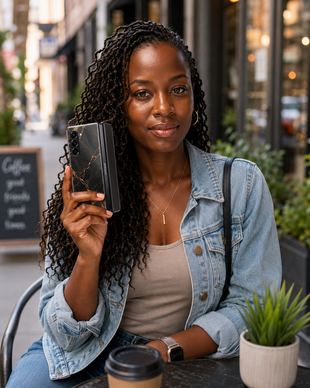 Black and gold marble Samsung Galaxy Z Fold 3 phone case