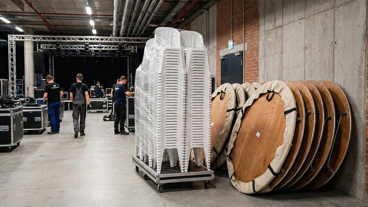 Штабелируемые стулья и складные столы, готовые к транспортировке