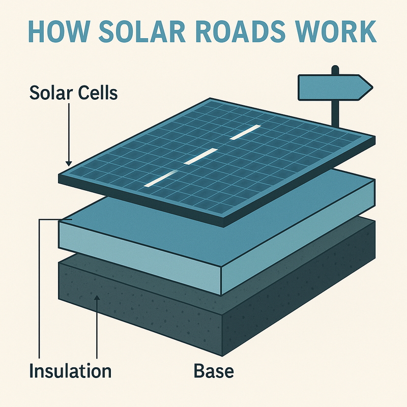 Diagram explaining how solar roads generate electricity from sunlight, showing layers like solar cells, tempered glass, and insulation.