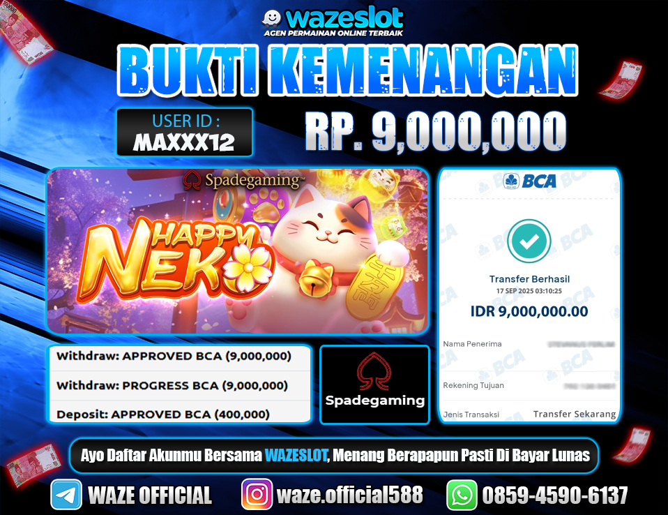 BUKTI KEMENANGAN 17 SEPTEMBER 2025 GAME HAPPY NEKO ( SPADEGAMING )