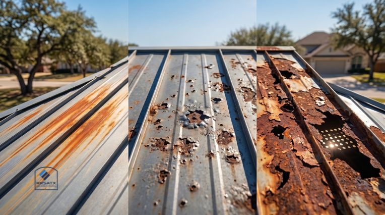 Three stages of metal roof rust San Antonio inspection guide