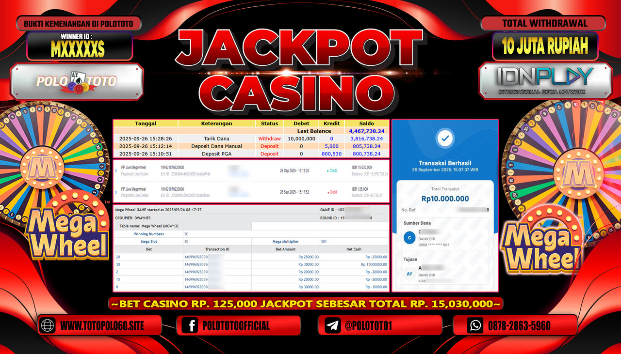 POLOTOTO JACKPOT CASINO PP LIVE MEGAWHEEL Rp.10.000.000,- LUNAS