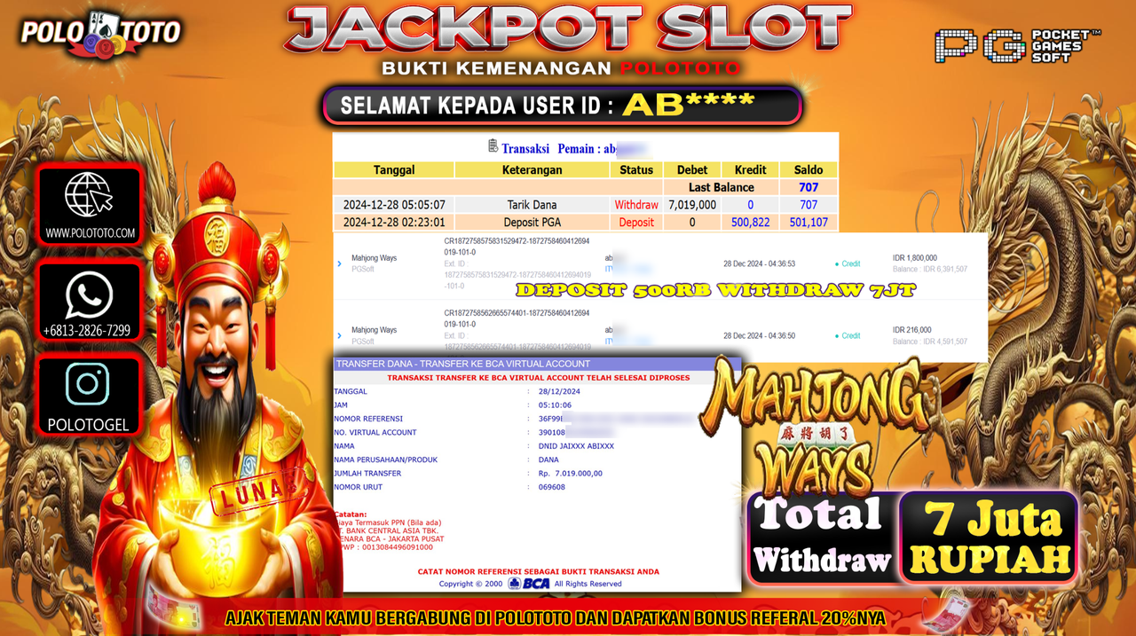 POLOTOTO JACKPOT SLOT MAHJONG WAYS Rp.7,000.000,-