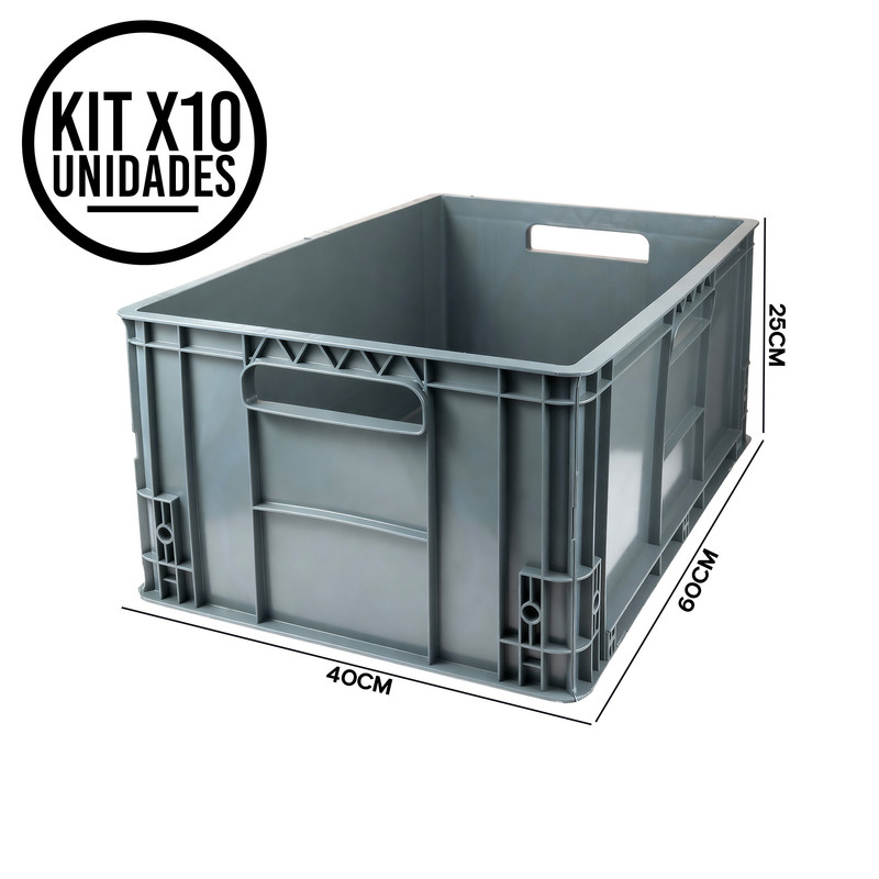 GV Set x10 Canastilla Plstica Tapada 60x40x25cm Apilable Industrial 5