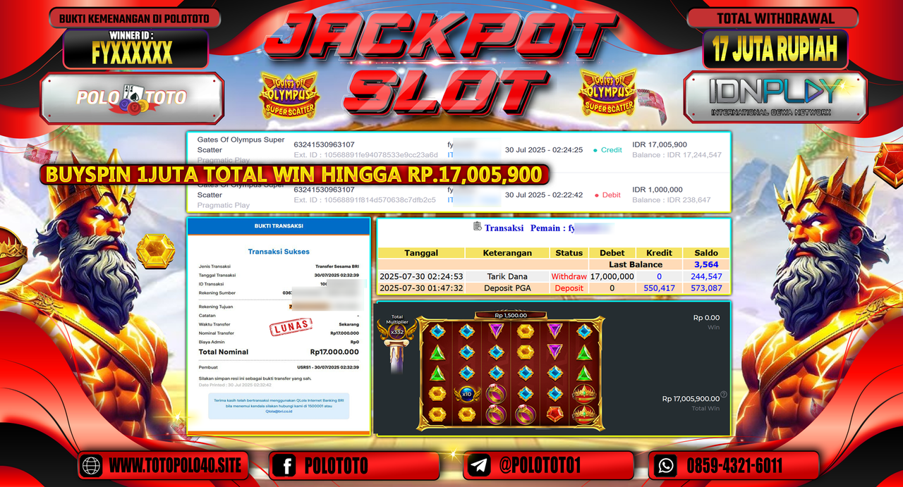 POLOTOTO JACKPOT SLOT GATES OF OLYMPUS SUPER SCATTER Rp.17.000.000,- LUNAS
