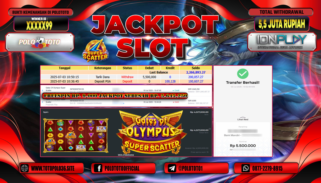 POLOTOTO JACKPOT SLOT GATES OF OLYMPUS SUPER SCATTER Rp.5.500.000,- LUNAS