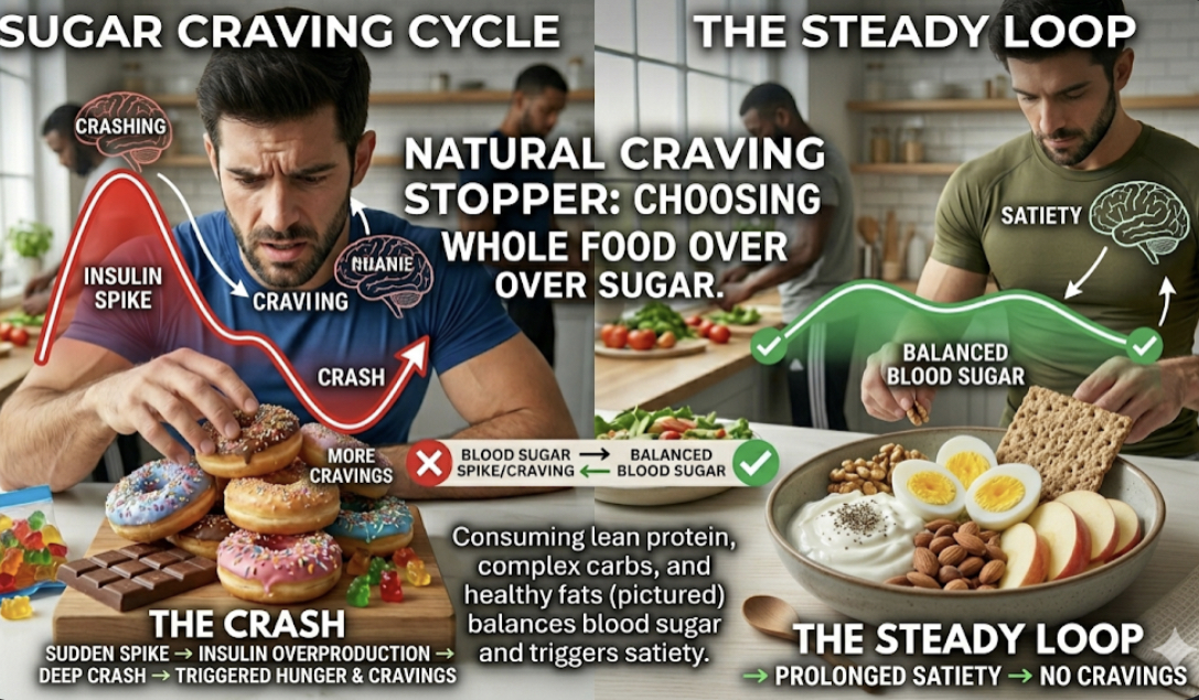Healthy alternatives to sugary snacks including fresh berries, nuts, Greek yogurt, and dark chocolate to stop sugar cravings naturally