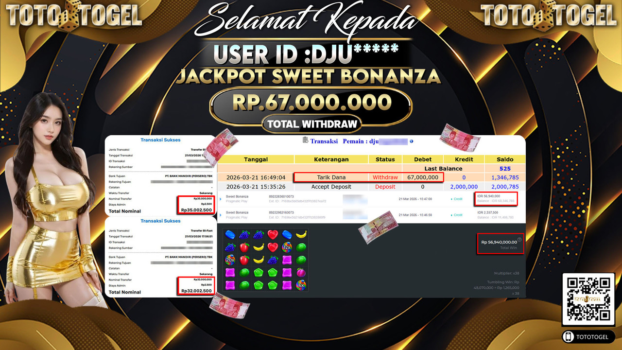 Bukti Pembayaran Jackpot Permainan Slot Sweet Bonanza ID:DJU*****LUNAS