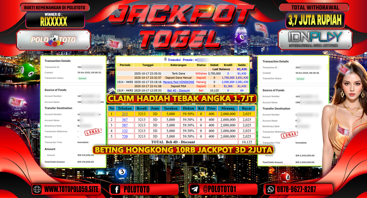 POLOTOTO JACKPOT TOGEL MENANG HONGKONG LOTTO Rp.3.700.000,- LUNAS