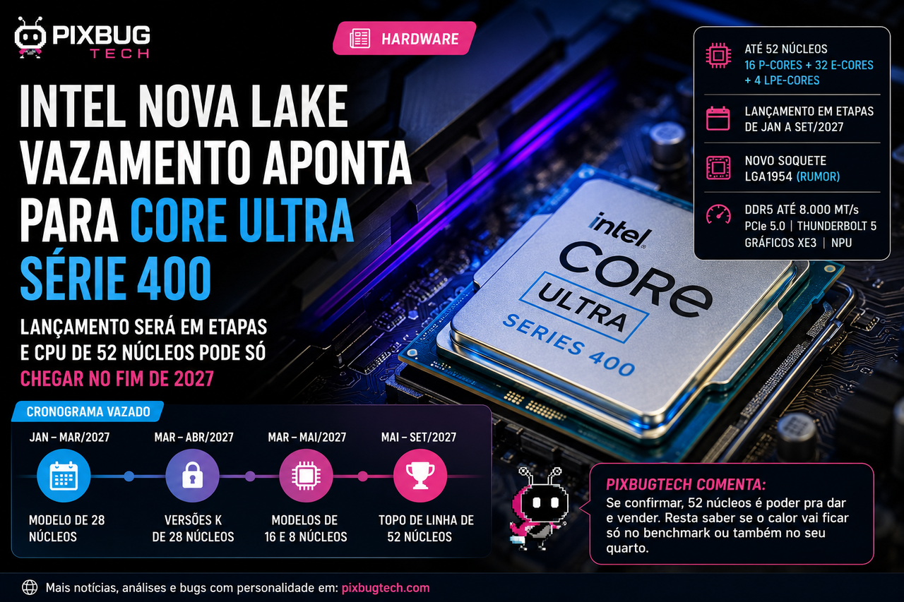 Intel pode lançar o Nova Lake em etapas e deixar o Core Ultra de 52 núcleos para o fim de 2027