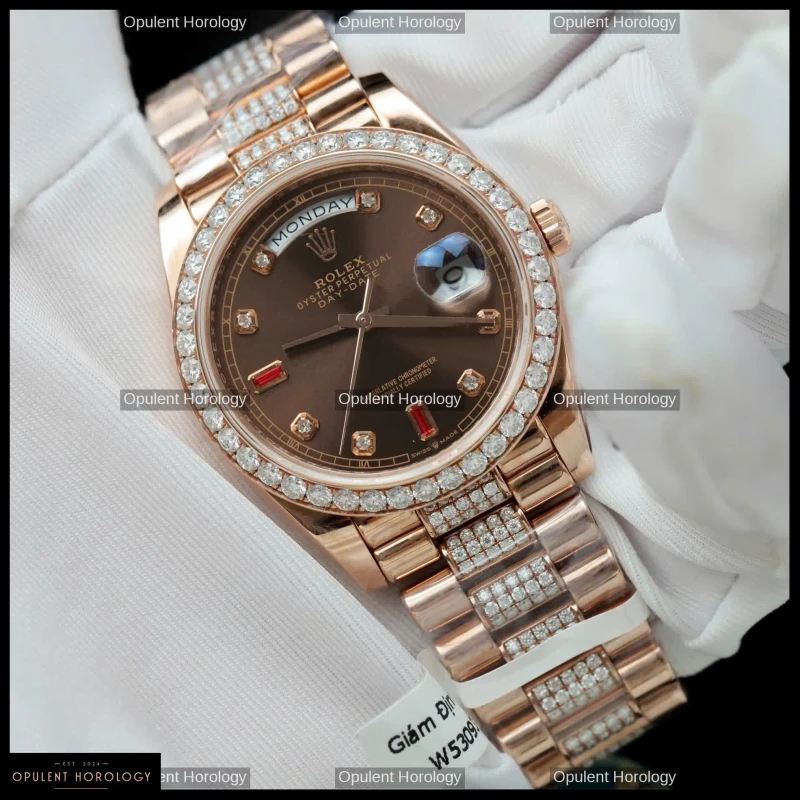 Rolex Day-Date 36 Chocolate Dial Gold Plated Moissanite Diamond